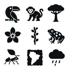Fototapeta premium Tropical Rainforest Icons. Solid, filled icons set of tropical rainforest life: toucan, monkey, canopy tree,