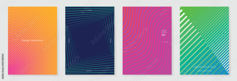 Poster abstract line wave gradient poster background vector set. minimalist cover template with vibrant per