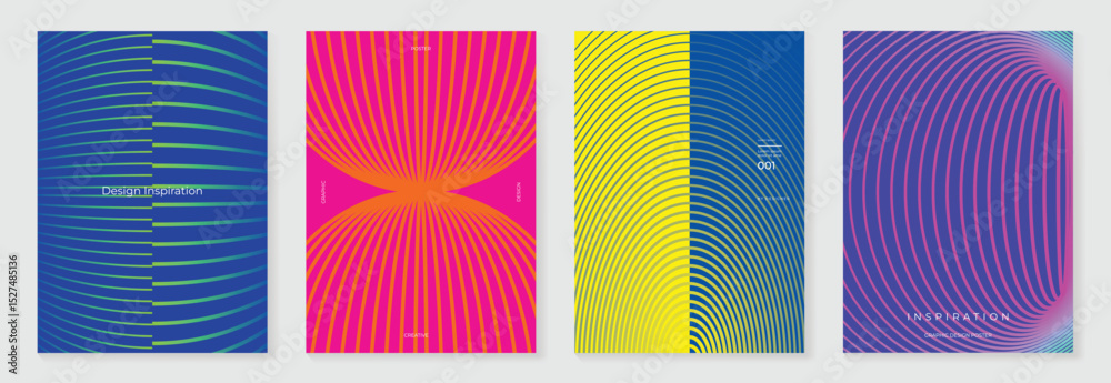 Poster abstract line wave gradient poster background vector set. minimalist cover template with vibrant per