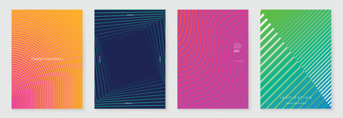 Fototapeta na wymiar Abstract line wave gradient poster background vector set. Minimalist cover template with vibrant perspective line wave in motion. Ideal design for social media, cover, banner, flyer, music, ads.