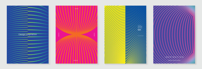 Abstract line wave gradient poster background vector set. Minimalist cover template with vibrant perspective line wave in motion. Ideal design for social media, cover, banner, flyer, music, ads.