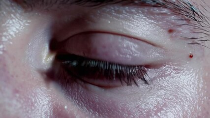 Intense close up of blue iris eye showing fear, emotional human expression, dramatic lighting, detailed skin and natural eyebrow - Powered by Adobe