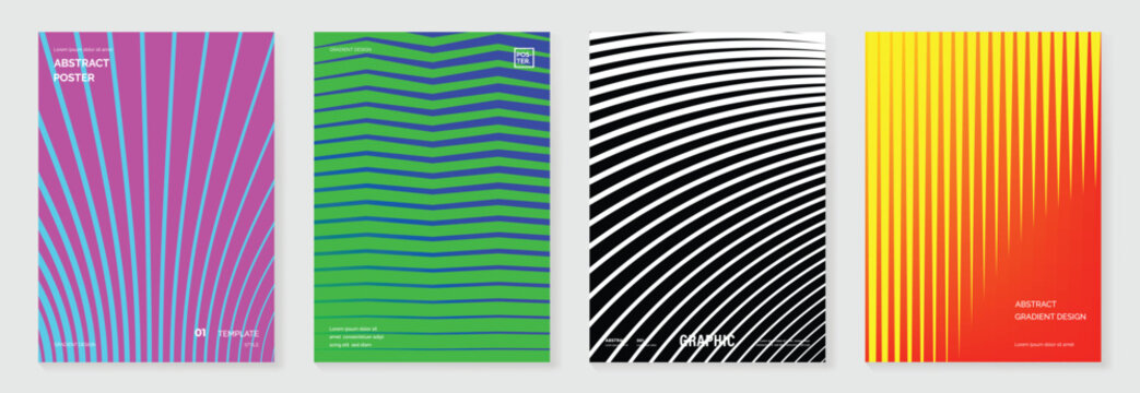 Abstract line wave gradient poster background vector set. Minimalist cover template with vibrant perspective line wave in motion. Ideal design for social media, cover, banner, flyer, music, ads.