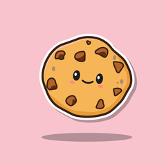 Vector illustration of cute cookie sticker with choco chip simple design on pink background