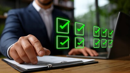 Businessman completing glowing digital checklist tasks at office desk