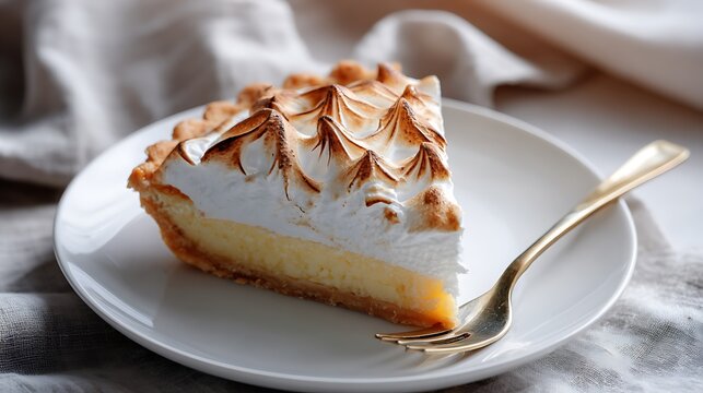 Slice of Lemon Meringue Pie on a White Plate with a Golden Fork