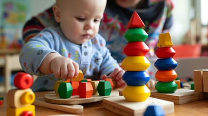 This young child stacks and sorts colorful wooden shapes, learning through playful focus.