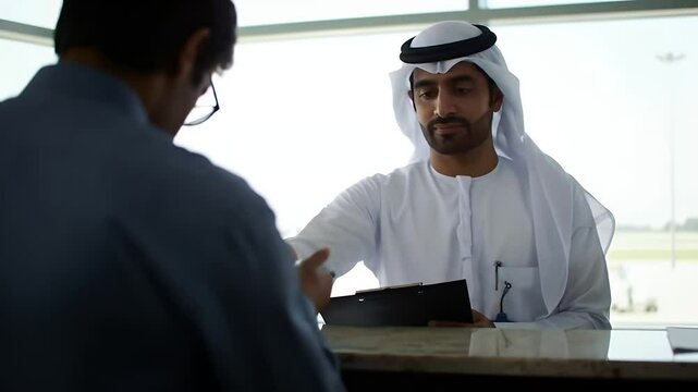 Airport Check-in: Emirati Man Assisting Passenger