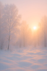 Fototapeta premium A serene winter sunrise casting a warm glow over a snow-covered forest, with frosty trees and soft light.