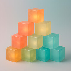 Obraz premium A vibrant pyramid of translucent cubes in warm and cool tones, creating a modern and artistic composition.
