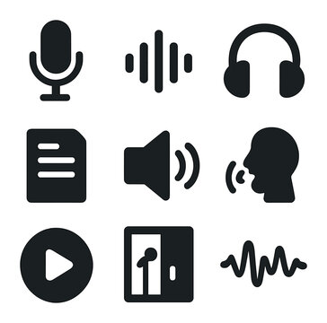 Voiceover Icons Grid. Solid, filled icons set of voiceover narration essentials: microphone icon, sound wave,