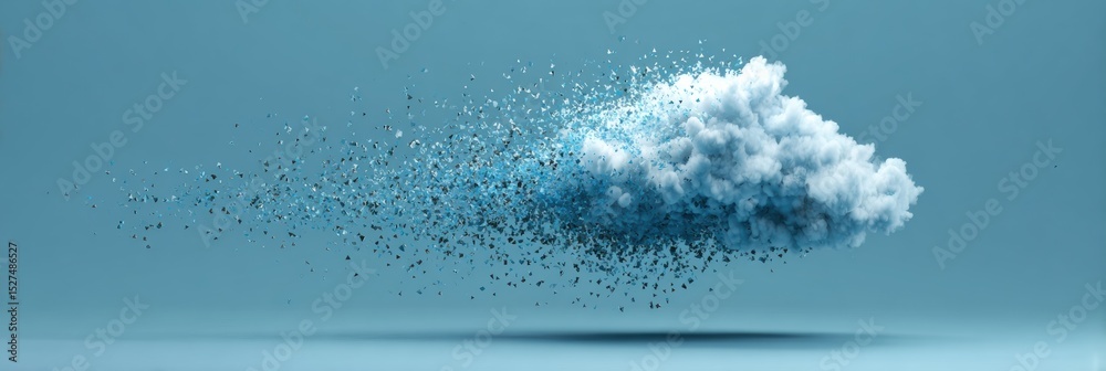 Poster Cloud System Error Symbol Dissolving Into Particles, Depicting a Soft Upper Margin in a Blue-Hued Environment and Showcasing Movement and Abstraction