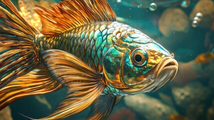 Close-up of a vibrant, iridescent gold fish.  Its fins are a fiery orange-gold, and its scales shimmer with teal and bronze.  Water bubbles and blurred aquatic background suggest an underwater scene