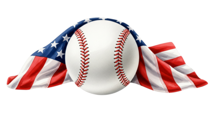 Classic baseball with an American flag drape, perfect for Fourth of July, Memorial Day, Veterans Day, or baseball season promotions, sports events, and patriotic themes,