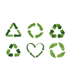 Fototapeta premium Collection of six different green recycle symbol designs arranged on a white background centered