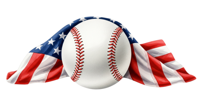 Classic baseball with an American flag drape, perfect for Fourth of July, Memorial Day, Veterans Day, or baseball season promotions, sports events, and patriotic themes, - Powered by Adobe