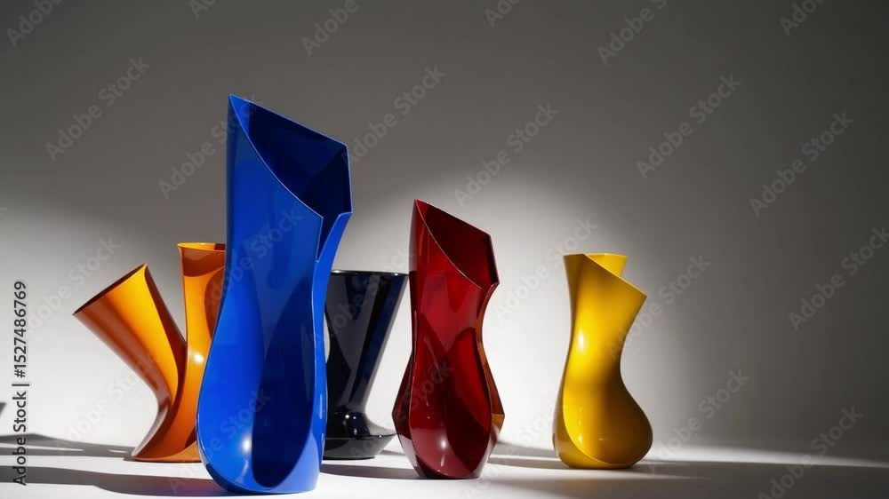 Poster Colorful abstract vase collection with vivid hues and simple gallery composition, featuring modern design, creative shapes
