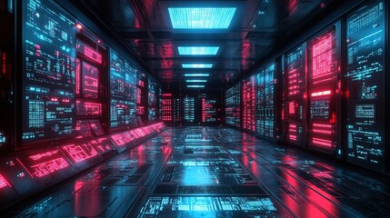 Obraz premium A high-tech control center filled with glowing cables transmitting encrypted data