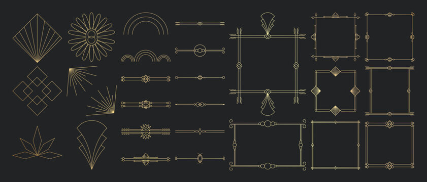 Naklejki Collection of geometric art deco ornament. Luxury golden decorative elements with different lines, frames, headers, dividers and borders. Set of elegant design suitable for card, invitation, poster.