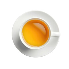 Top View of Cup of Hot Tea on White Saucer Isolated on White Background