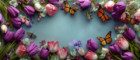 A frame of tulips and butterflies on a blue background creating a spring themed composition