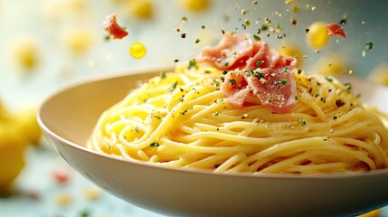 Spaghetti Carbonara Dish with Ham Floating for Advertising, Food Promotion, or Italian Cuisine Concept