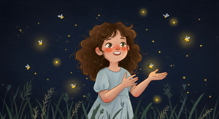 A happy girl reaching out to glowing fireflies at night. Watercolor style
