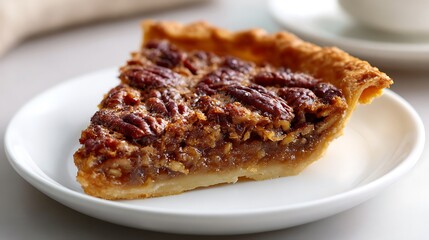 A slice of pecan pie served on a white plate