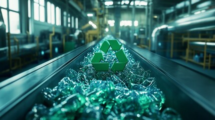 Recycling process in factory conveyor belt with plastic waste and reuse symbol