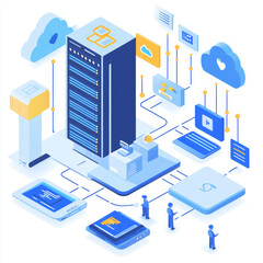 A smart solution to hosting services connects businesses via a virtual network, integrating graphical icons in technology, telecommunications, and cloud computing industries