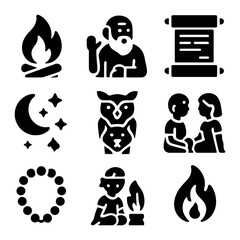 Storytelling Tradition Icons. Solid, filled icons set of storytelling traditions: open fire, talking elder,