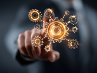 Businessman touching a glowing digital interface with interconnected gears and arrows symbolizing workflow automation