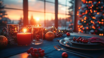 Festive Christmas dinner table setting by window