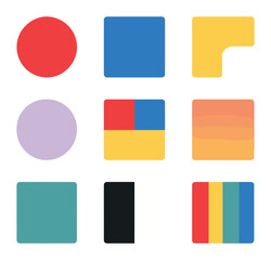 Colorful Icon Grid. Solid, filled icons set of color minimalism: red dot, blue square, yellow corner, pastel