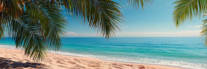 Obraz premium A palm tree is standing tall on a sandy beach, with the ocean in the background. The palm tree is the main focus of the image, drawing attention to the beach and the ocean. The beach is a beautiful