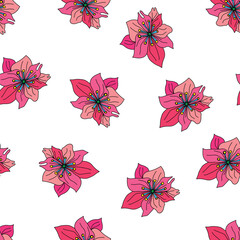 pink hand drawn black line art flowers on white background seamless pattern. Colorful pinkish flowers on white background seamless pattern. It is good for tiles, packaging, fabric, textile and more.