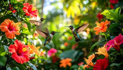 Hummingbirds And Hibiscus Flowers Sunny