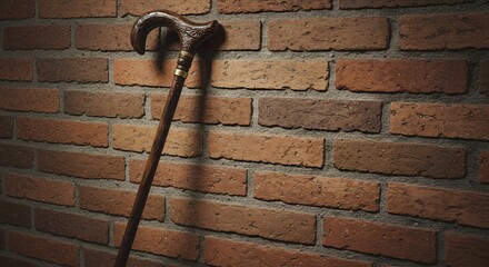 Wooden cane resting against a textured brick wall indoors  