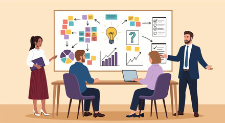 Team Strategy Meeting with Sticky Notes and Diagrams – Business Illustration of Brainstorming Session