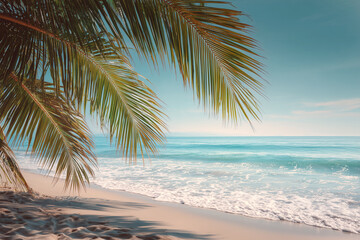Fototapeta premium A palm tree is standing tall on a sandy beach, with the ocean in the background. The tree's leaves are spread out, providing a sense of tranquility and relaxation