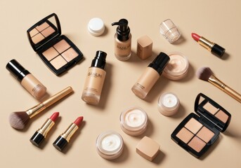 Obraz premium A stylish flat lay of cosmetics essentials—lipstick, brushes, and skincare products—capturing beauty, self-care, and modern elegance
