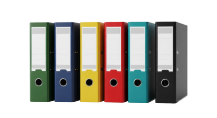 Colorful ring binders stand in a row