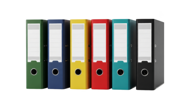 Colorful ring binders stand in a row