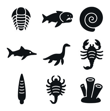 Prehistoric Marine Icons. Solid, filled icons set of prehistoric marine life: trilobite, dunkleosteus,