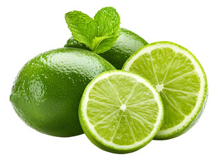 Close-up studio shot of whole and sliced limes with fresh mint leaves on black backdrop