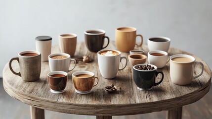 Array of coffee cups on wooden table.