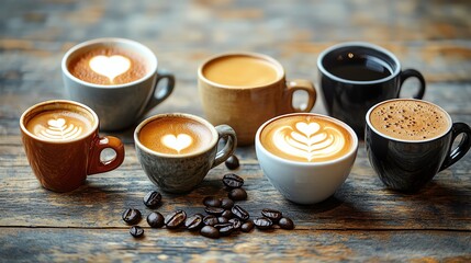 Assorted coffee cups with latte art designs.