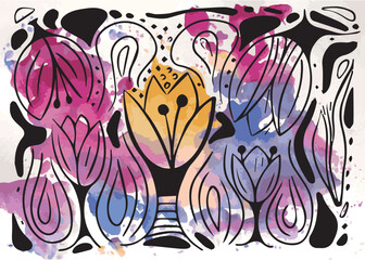 Illustration with floral motifs in monotype style based on a bright multi-colored spot