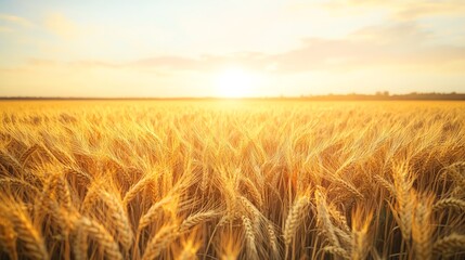 Obraz premium Golden wheat field under a vibrant sunset sky.