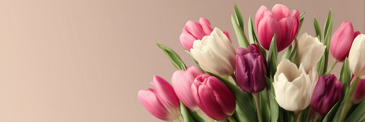 Obraz premium A bouquet of flowers with pink, white, and purple flowers. The flowers are arranged in a vase and are placed on a table. Concept of beauty and elegance
